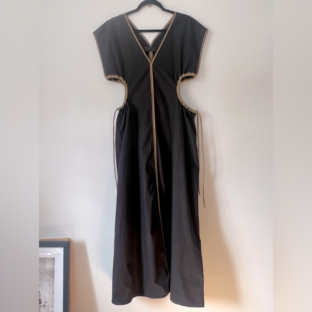 Haidar Ackermann Floor Length Black S/S Dress w/Brown Piping & Side Cut Outs